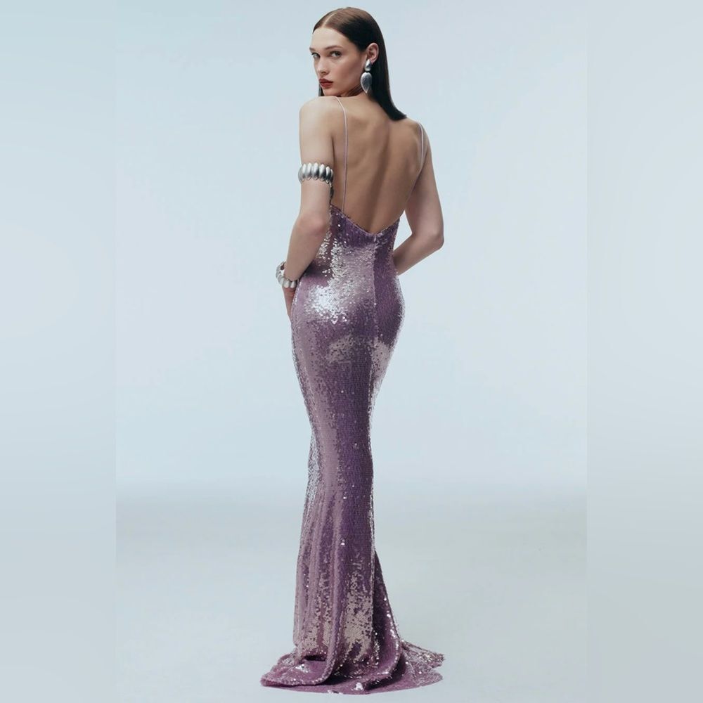 The New Arrivals Ilkyaz Ozel Gwyneth Sequined Crepe Lavender Maxi Dress Sz 36